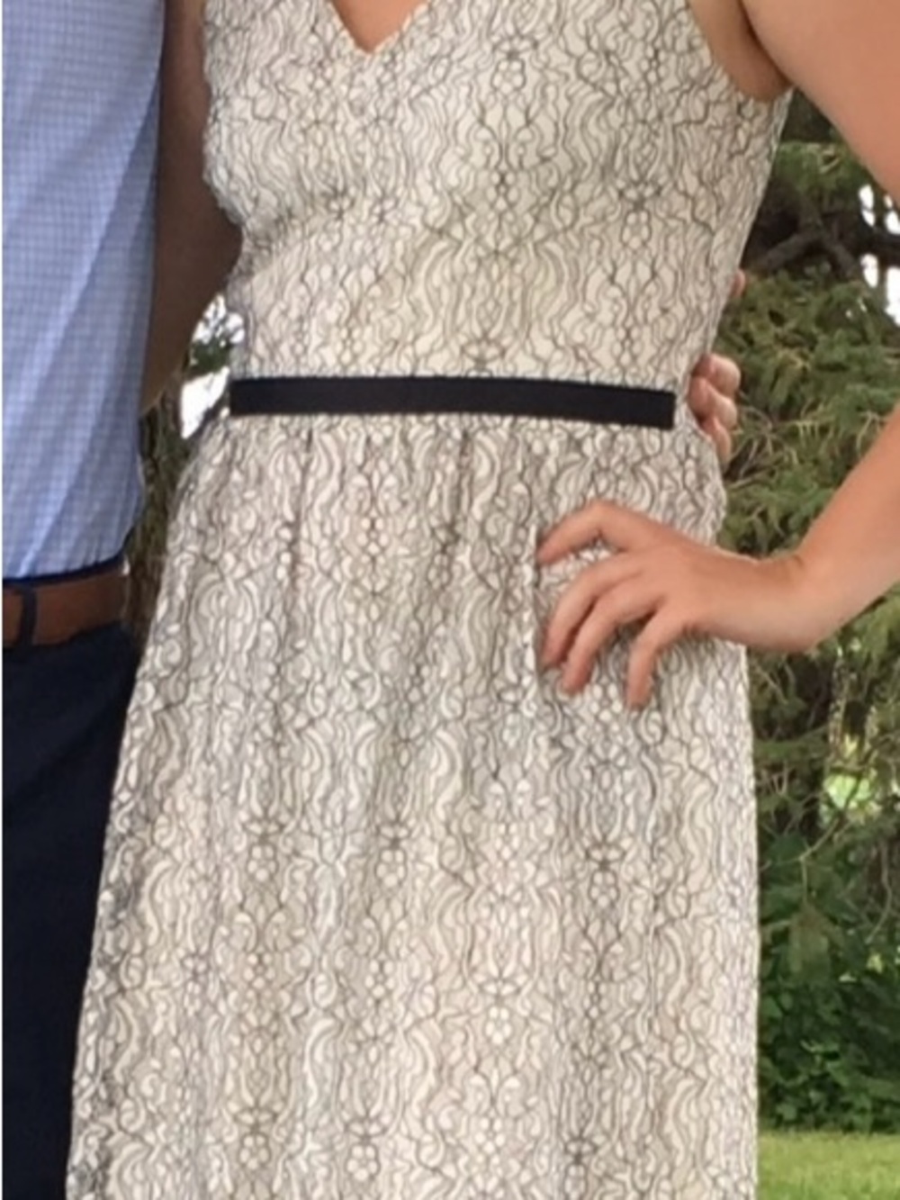 Maurices White dress with Black Lace-Overlay V-Neck with Black Waistband
